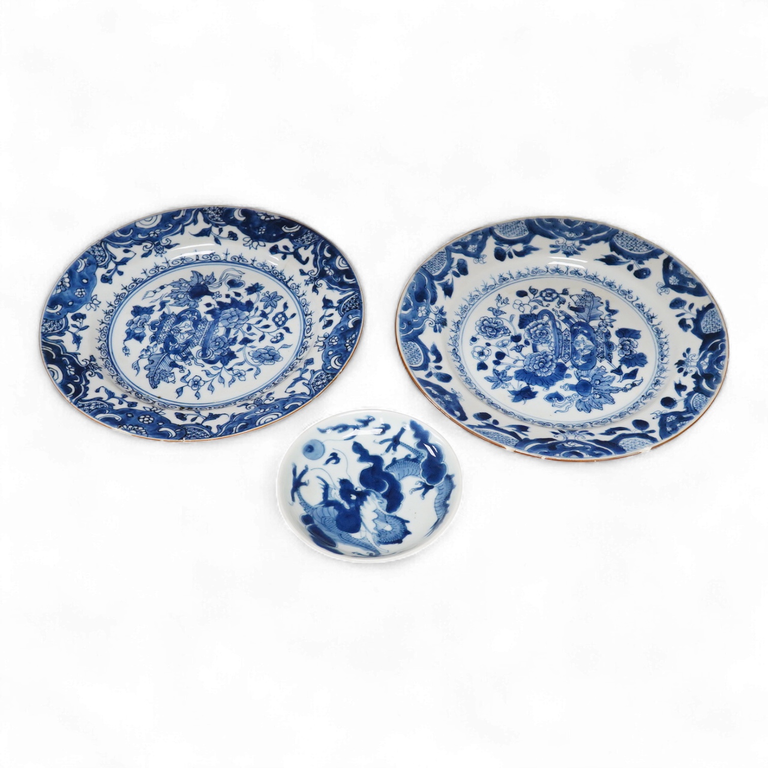 Two Chinese blue and white export plates-and a small dish, 23cm diameter